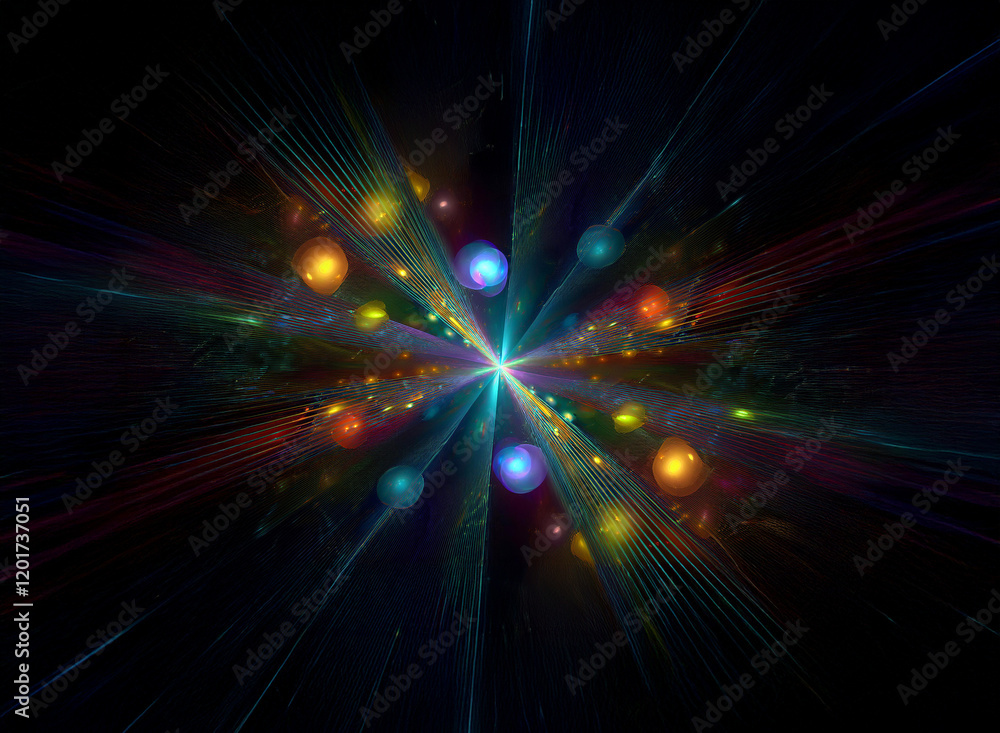 Poster Abstract background image featuring vibrant bokeh lights radiating outwards from a central point, creating a dynamic and colorful display.
