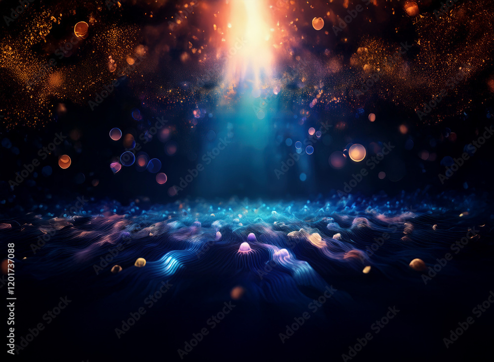 Poster Abstract background image with bokeh lights.  A vibrant beam of light illuminates a dark, textured surface, creating a magical, ethereal atmosphere.  Floating particles add depth and sparkle.