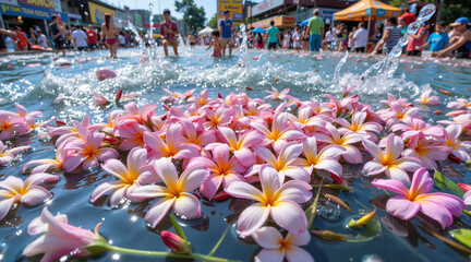 Fototapeta premium Close-up of jasmine flowers in water during Songkran festivities, vibrant colors, festive atmosphere