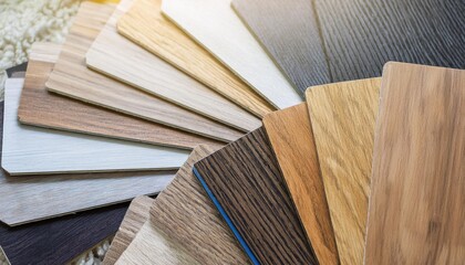  Samples of laminate of different colors, background with copy space. Assortment of flooring, banner for laminate flooring store