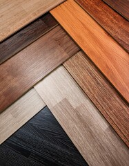  Samples of laminate of different colors, background with copy space. Assortment of flooring, banner for laminate flooring store