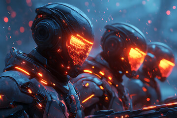 A futuristic, battle-ready character decked out in sleek, high-tech armor with glowing accents, wielding advanced weapons, set on a cyberpunk-style battlefield with dynamic energy.