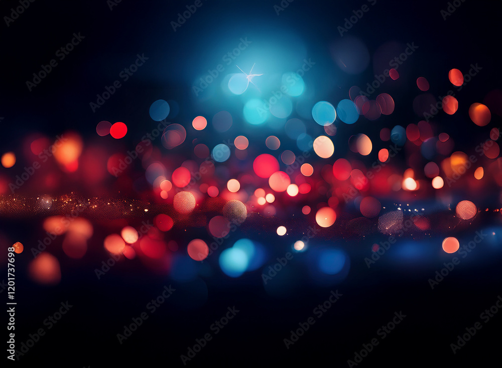 Poster abstract background with vibrant bokeh lights. red, blue, and orange circles glow against a dark bac