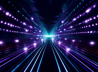 Obraz premium Abstract background with bokeh lights. A vibrant tunnel of purple and blue lines converges towards a bright center, creating a dynamic, futuristic feel.