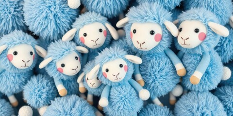 A bundle of fluffy blue wool sheep toys in various sizes with pom-pom tails and a playful expression, wool, animal friends