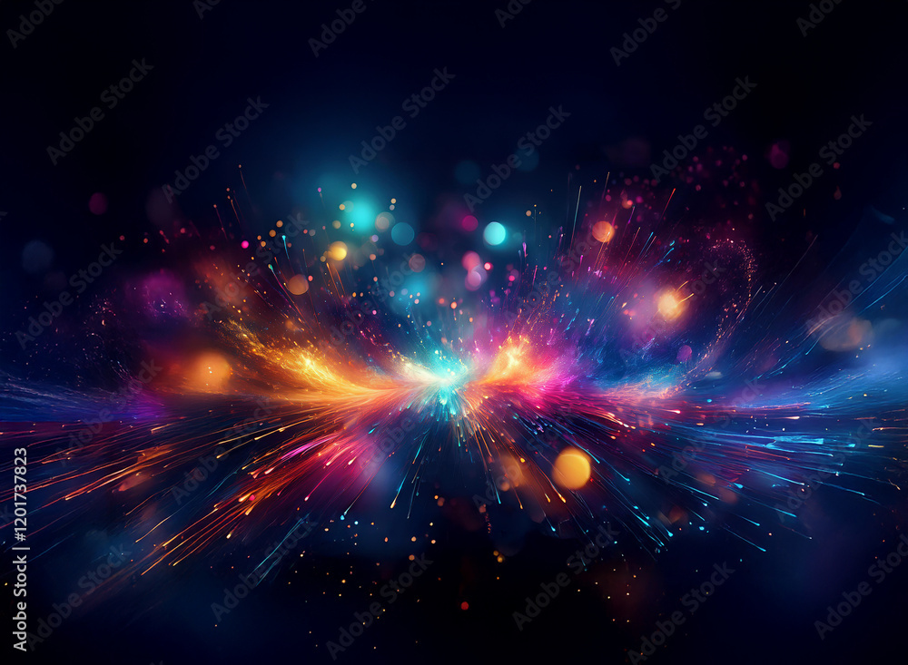 Poster Abstract background image featuring vibrant bokeh lights, radiating outwards in a colorful explosion.  The dark backdrop contrasts with the bright, dynamic energy of the central burst.