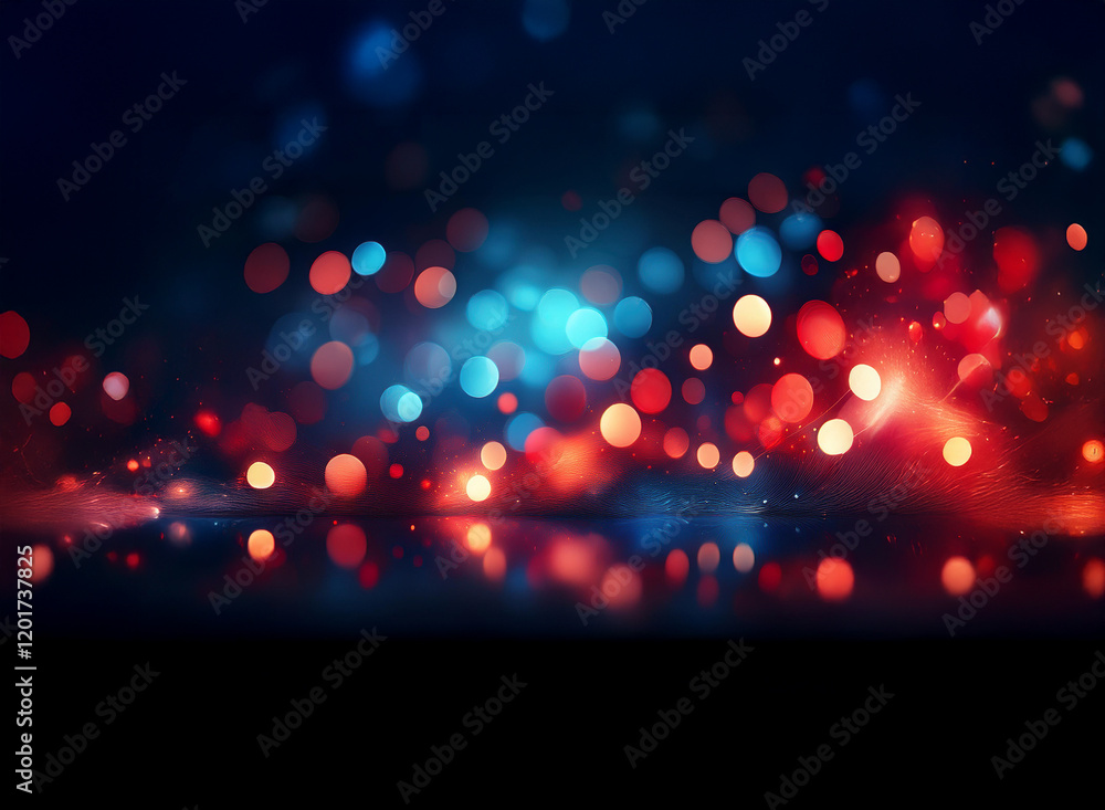 Poster abstract background image featuring red and blue bokeh lights. a dark, reflective surface enhances t