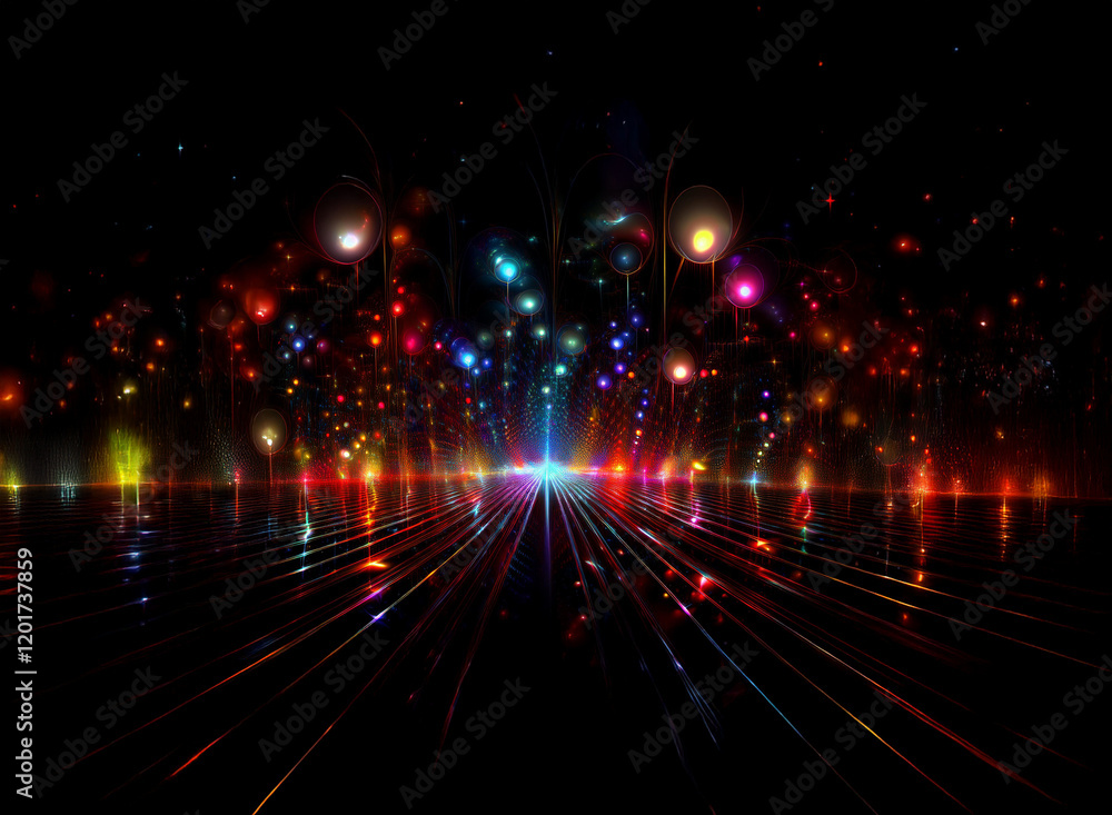 Poster Abstract background image featuring a vibrant bokeh effect.  Multicolored lights create a dazzling display, resembling fireworks reflected on a dark, glossy surface with glowing lines converging at a 