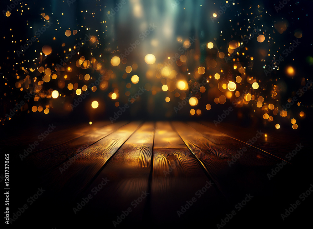 Poster Abstract background image featuring a dark wooden surface with bokeh lights and glowing particles.  A magical, atmospheric scene.
