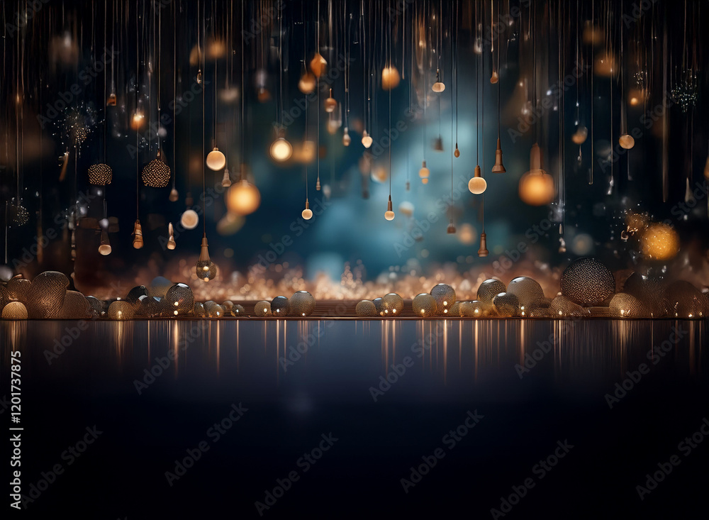 Poster Abstract background image with bokeh lights.  Numerous glowing orbs hang from above, reflecting on a dark, shiny surface below.  A hazy, atmospheric effect adds depth.