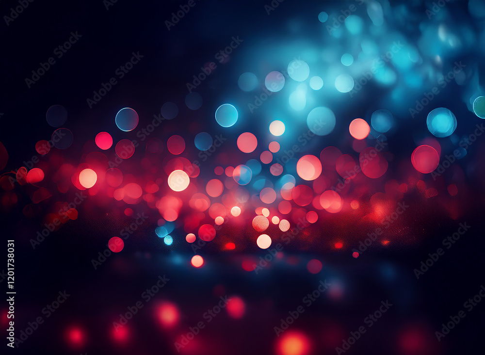 Poster Abstract background of red and blue bokeh lights, creating a dreamy, out-of-focus effect.  The dark backdrop enhances the luminosity of the glowing circles.