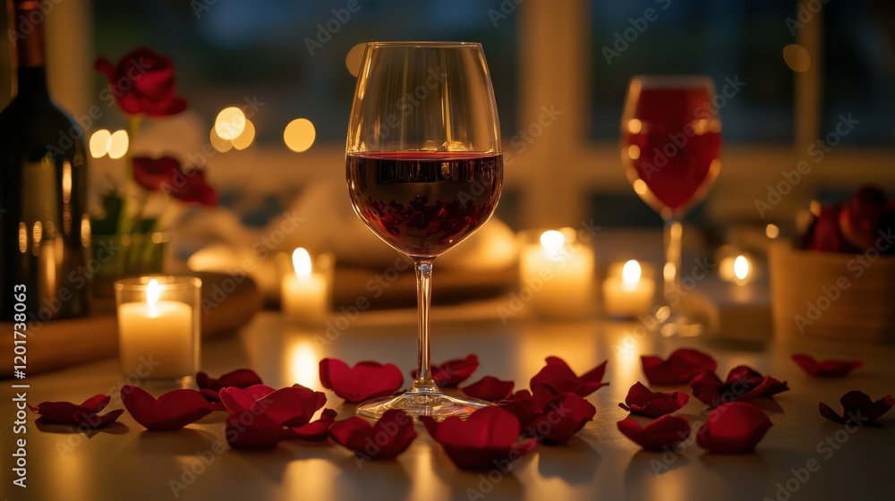 Poster glass of red wine on table surrounded by rose petals and candles, creating romantic atmosphere. soft