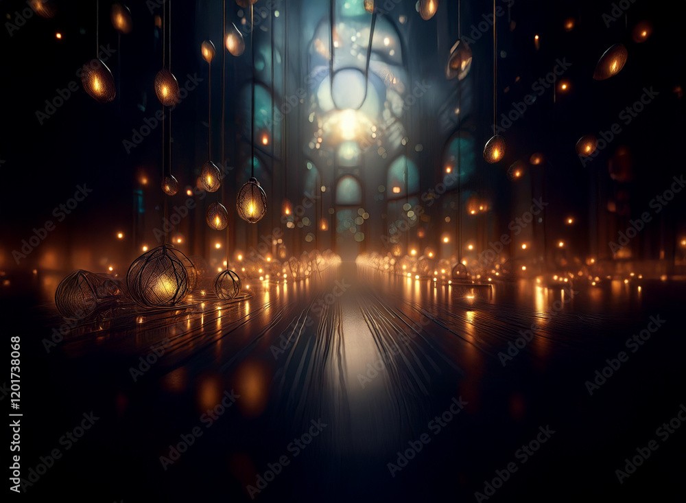Aufkleber Abstract background of a mysterious, glowing hallway.  Bokeh lights hang from the ceiling and illuminate a reflective floor.  The scene is dark and atmospheric, creating a sense of wonder.