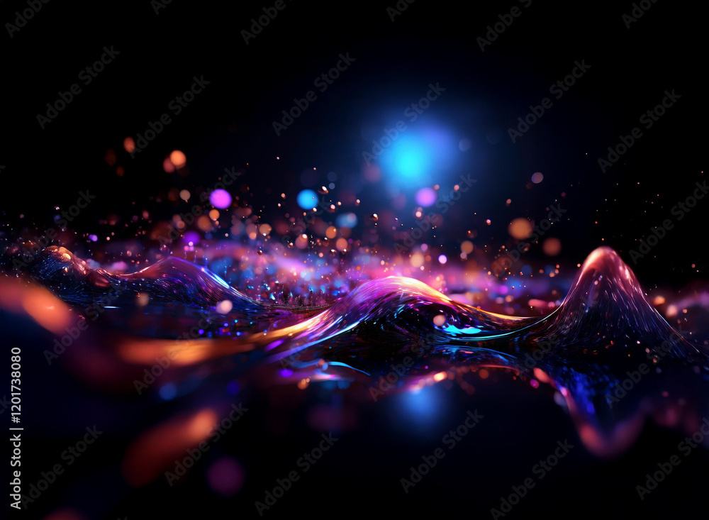 Poster Abstract background of glowing, iridescent liquid with bokeh lights and sparkling particles.  The dark scene evokes a sense of depth and mystery.