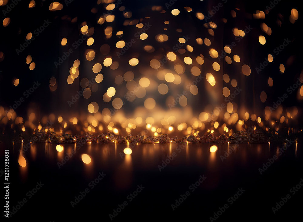 Poster abstract background of golden bokeh lights, creating a sparkling, glittering effect. the dark backdr