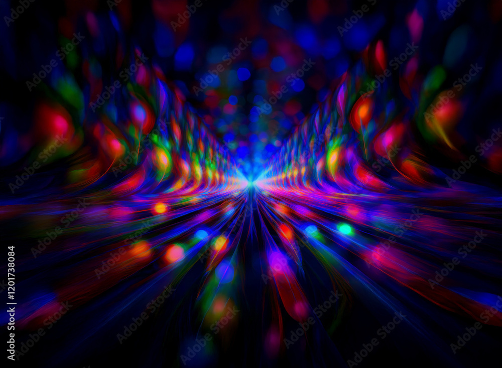 Poster Abstract background of vibrant bokeh lights, creating a dynamic, colorful tunnel effect.  The multicolored lights stream towards a bright center.