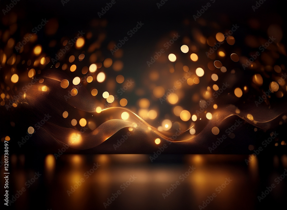 Poster Abstract background image featuring shimmering, golden bokeh lights.  Dark, wavy forms create depth and contrast against the brilliant light sources.
