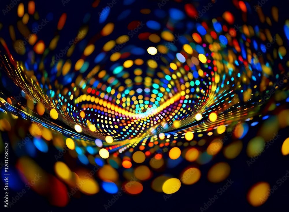 Poster Abstract background of swirling bokeh lights. Vivid colors and dynamic movement create a mesmerizing visual.  Bright, colorful dots form a vortex, glowing against a dark backdrop.