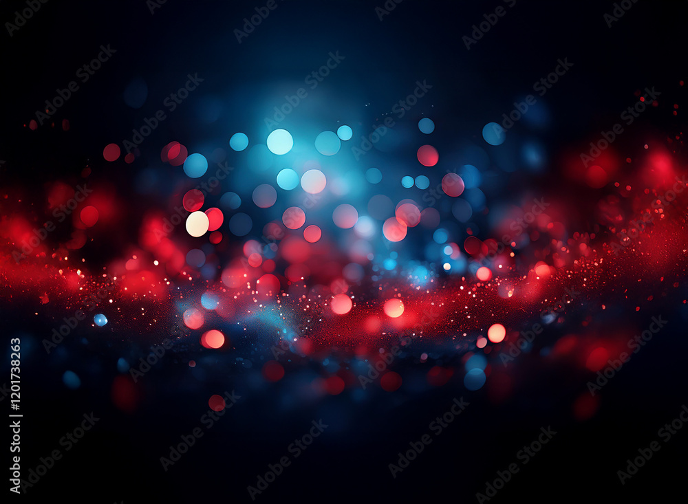 Aufkleber Abstract bokeh background featuring red and blue lights, creating a vibrant, sparkling effect.  The dark background enhances the luminous quality of the scattered lights.