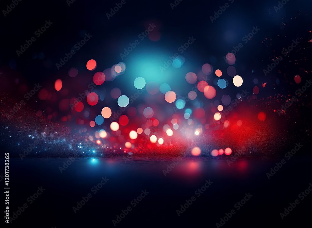 Poster Abstract background image featuring bokeh lights in red, blue, and teal hues.  A dark, moody atmosphere is created by the interplay of light and shadow.