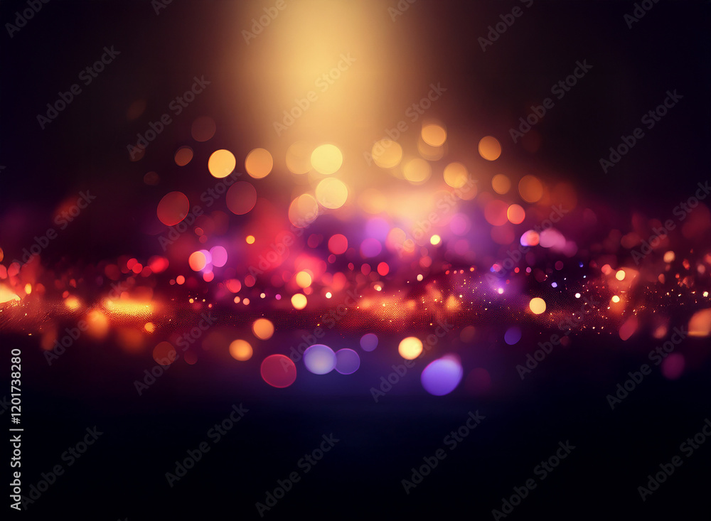 Poster Abstract background image featuring a bokeh effect with warm and cool lights.  A blend of golden, purple, and red glowing sparkles create a magical, dreamy atmosphere.