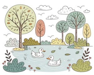 Duck Pond , tree, sun, hills, mountain, nature ducks swimming Coloring Page for Children
