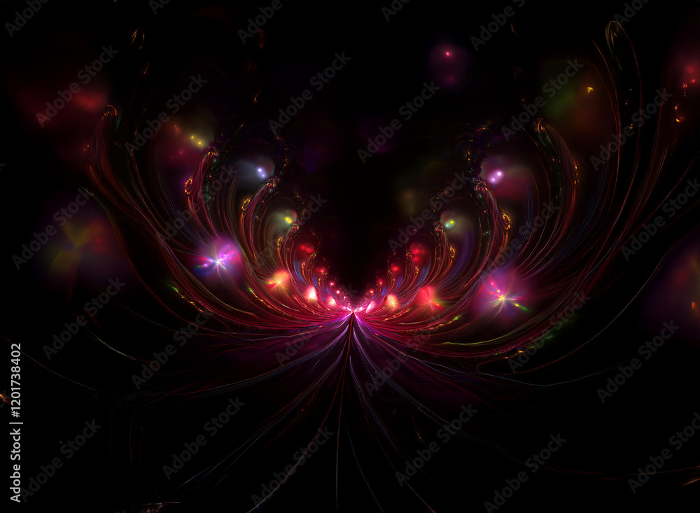 Aufkleber Abstract background image featuring a symmetrical design of colorful lights and bokeh effects.  The dark background enhances the vibrant glow of the central light streaks, creating a mesmerizing visua