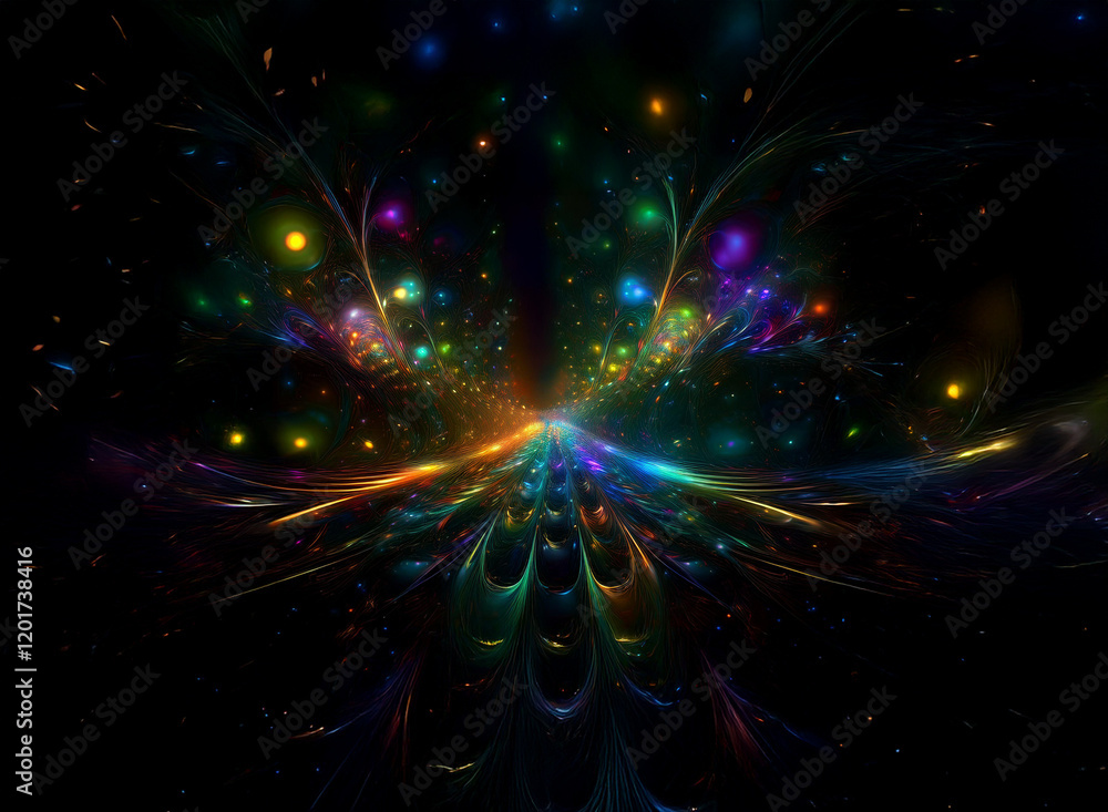 Aufkleber Abstract background image featuring a vibrant, colorful bokeh effect.  Multi-colored lights create a dazzling, symmetrical pattern resembling a cosmic pathway or tunnel.