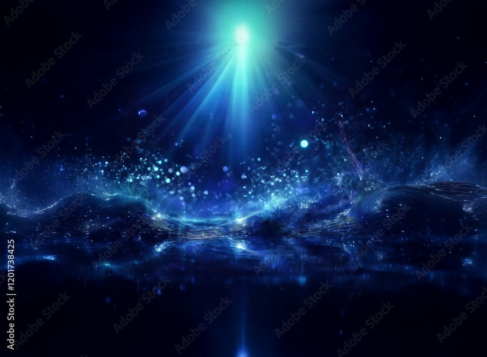 Aufkleber Abstract background image featuring a vibrant blue light source, creating a bokeh effect and illuminating swirling particles.  The scene evokes a sense of depth and mystery.