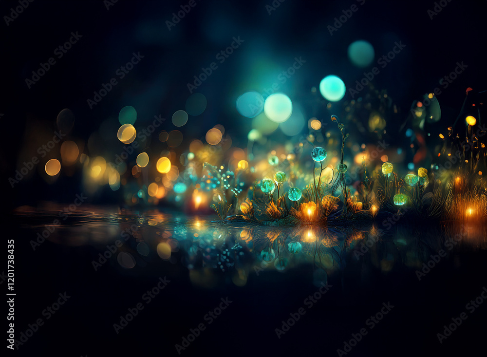 Poster Abstract background image featuring glowing bokeh lights, resembling a field of luminous plants reflecting on a dark, still surface.  The scene is dreamlike and ethereal.
