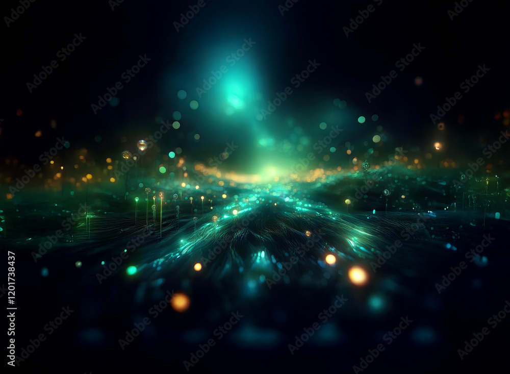 Aufkleber Abstract background image featuring bokeh lights, glowing teal and gold particles, creating an ethereal, otherworldly scene.  The lights appear to form a pathway across a dark, textured surface.