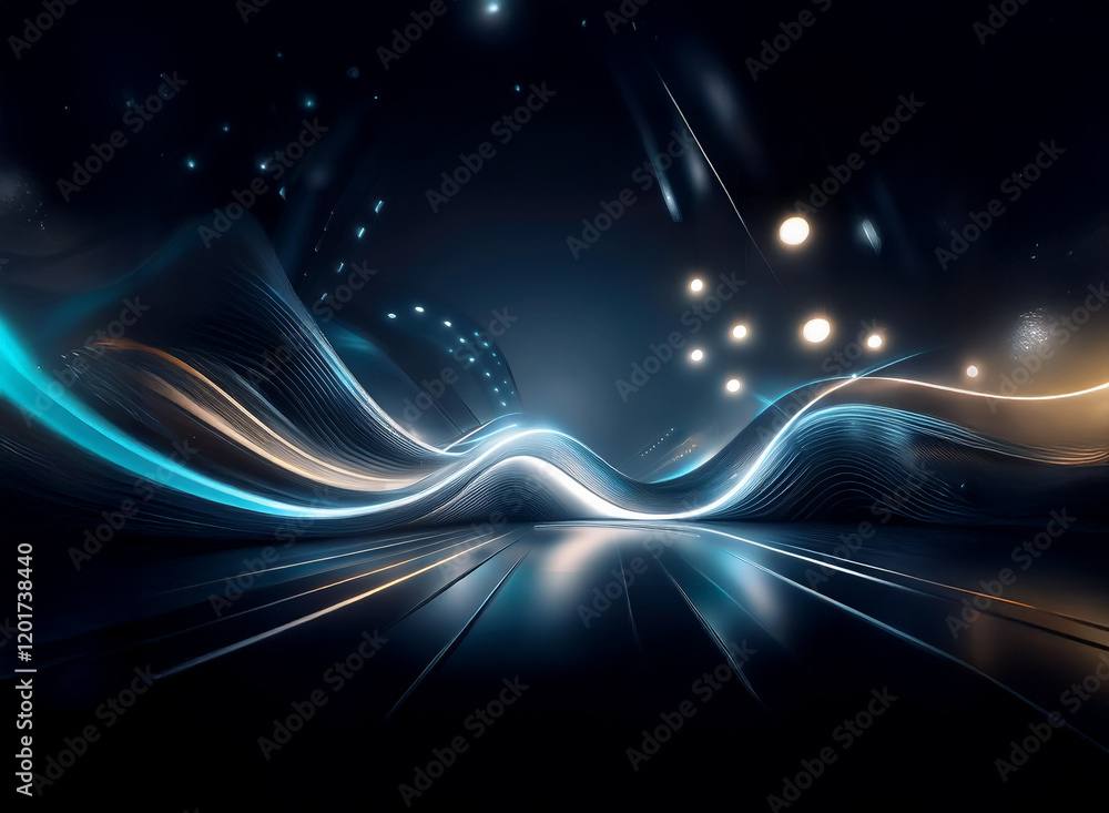 Poster Abstract background image featuring flowing, luminous waves of light.  Bokeh lights illuminate a dark, reflective surface, creating a futuristic and dynamic scene.