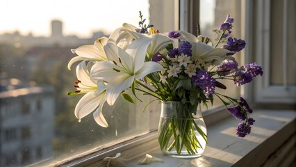 Spring bouquet of lilies in a glass vase with water on the window, illuminated by the sun. © Максим Маркеев