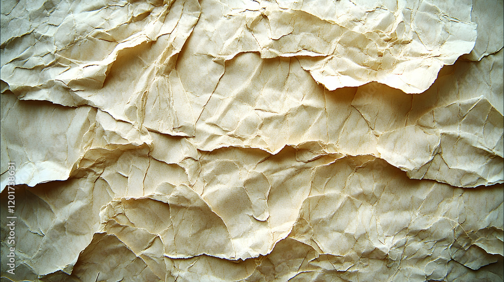 Poster highly textured crumpled beige paper background, ideal for design projects needing a vintage or rust