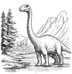 Obraz premium black and white coloring book illustration of a hand-drawn of Brachiosaurus standing 