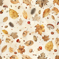 Seamless Autumn Leaves and Mushrooms Pattern Wallpaper