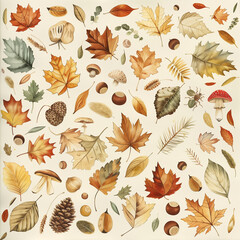 Seamless Autumn Leaves and Mushrooms Pattern Wallpaper
