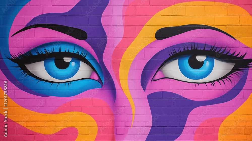 Poster vibrant psychedelic mural with colorful eyes and abstract patterns on brick wall in pop art style