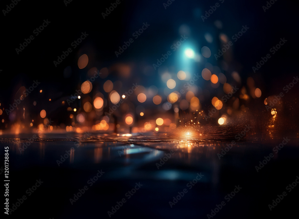 Poster Abstract background image featuring bokeh lights.  Warm and cool colored lights create a dreamy, out-of-focus effect, reflected on a dark, shiny surface.