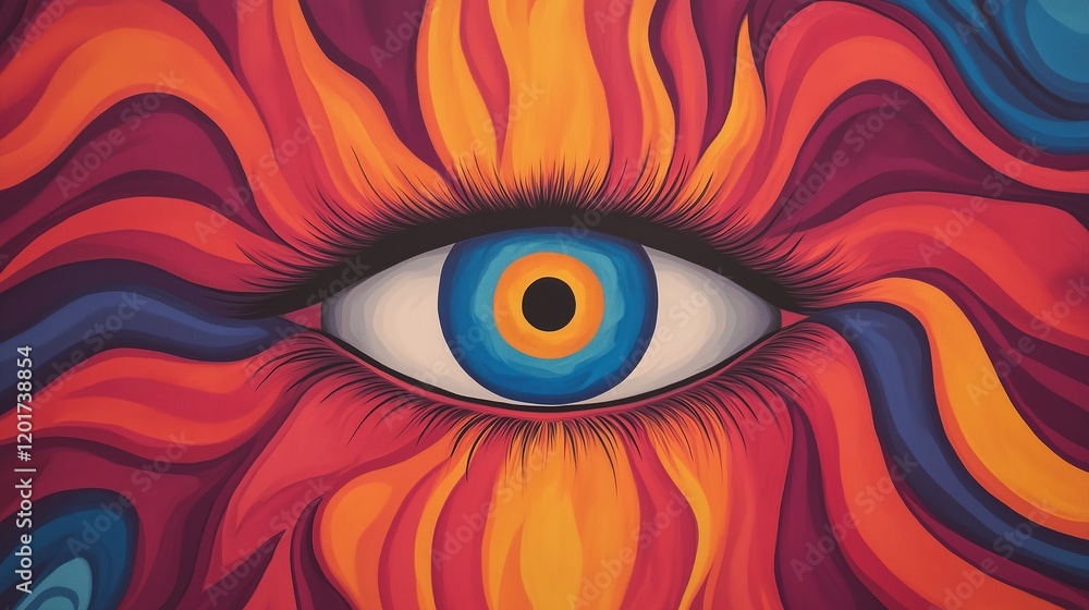 Poster psychedelic mural featuring surreal eye in vivid colors with abstract flowing patterns for creative 