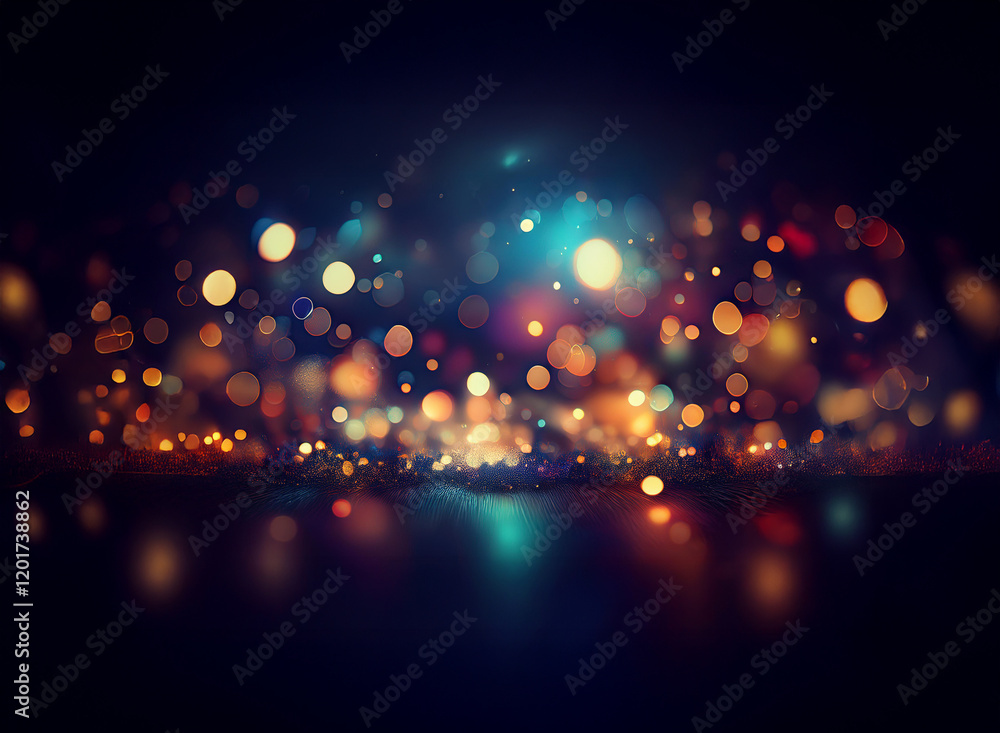 Poster Abstract background of colorful bokeh lights, glowing and shimmering in the dark.  The lights create a sparkling, festive atmosphere.