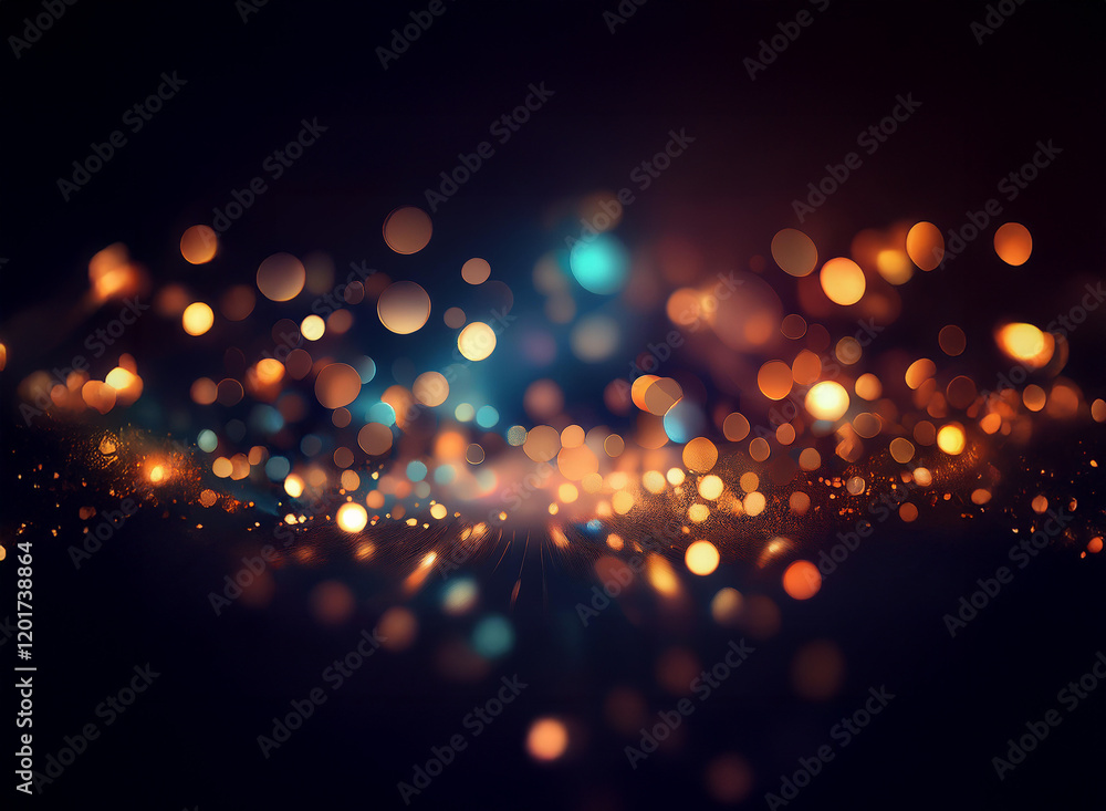 Poster Abstract bokeh background featuring warm and cool lights, creating a sparkling, glowing effect.  The dark backdrop enhances the luminosity of the scattered lights.
