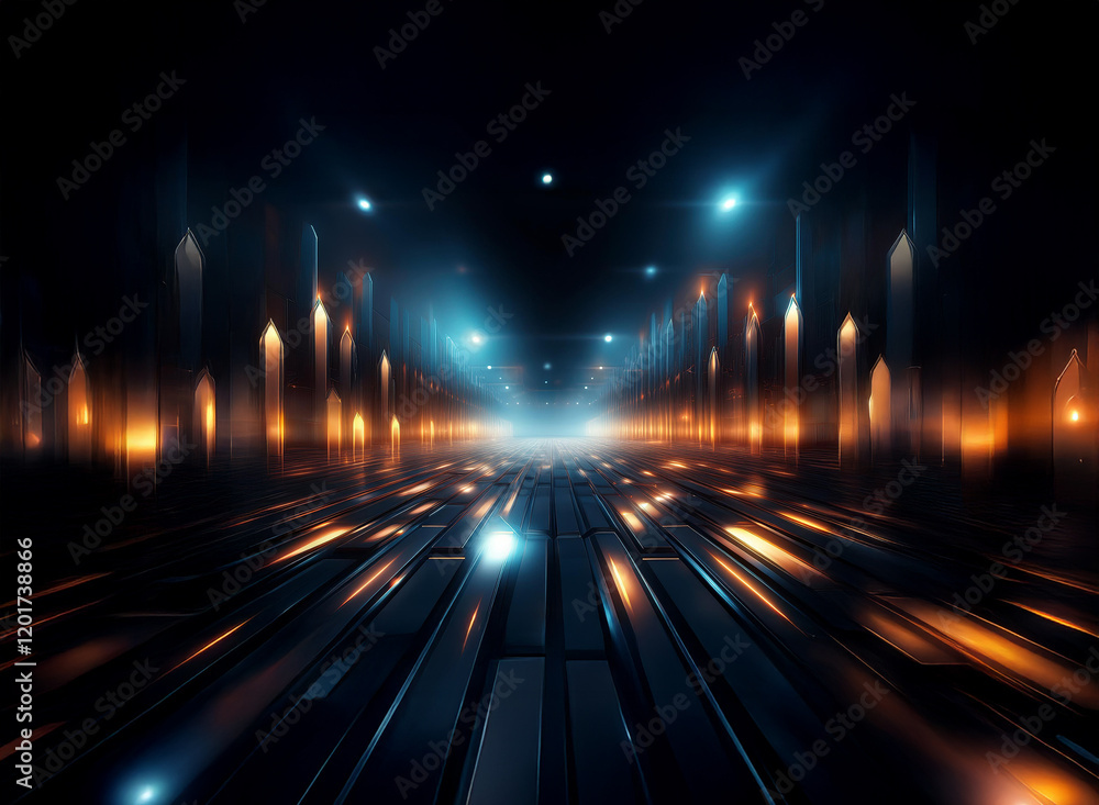 Aufkleber Abstract background image featuring a futuristic, glowing pathway.  Bokeh lights illuminate the scene, creating a sense of depth and perspective.  Orange and blue hues dominate the color palette.