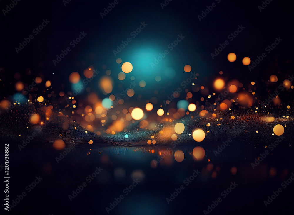 Poster Abstract background of shimmering bokeh lights.  Warm gold and orange lights blend with cool teal, creating a dreamy, sparkling effect. The lights appear to float and swirl across a dark surface.