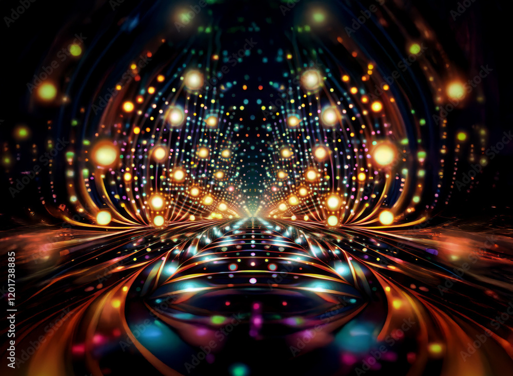 Poster Abstract background image featuring a mesmerizing tunnel of bokeh lights.  The vibrant colors and glowing orbs create a dynamic and energetic atmosphere.