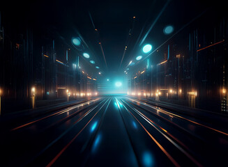 Abstract background image featuring a futuristic city scene at night.  Bokeh lights illuminate a long, reflective road leading to a bright horizon.  The scene evokes a sense of speed and energy.