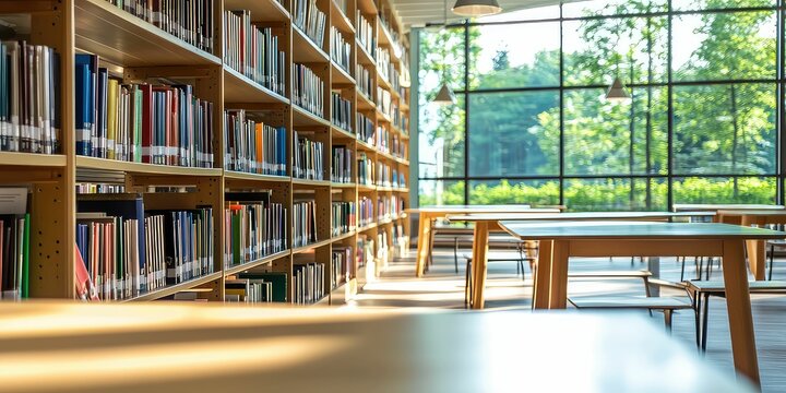An open-concept library space with minimalist design and collaborative study areas.