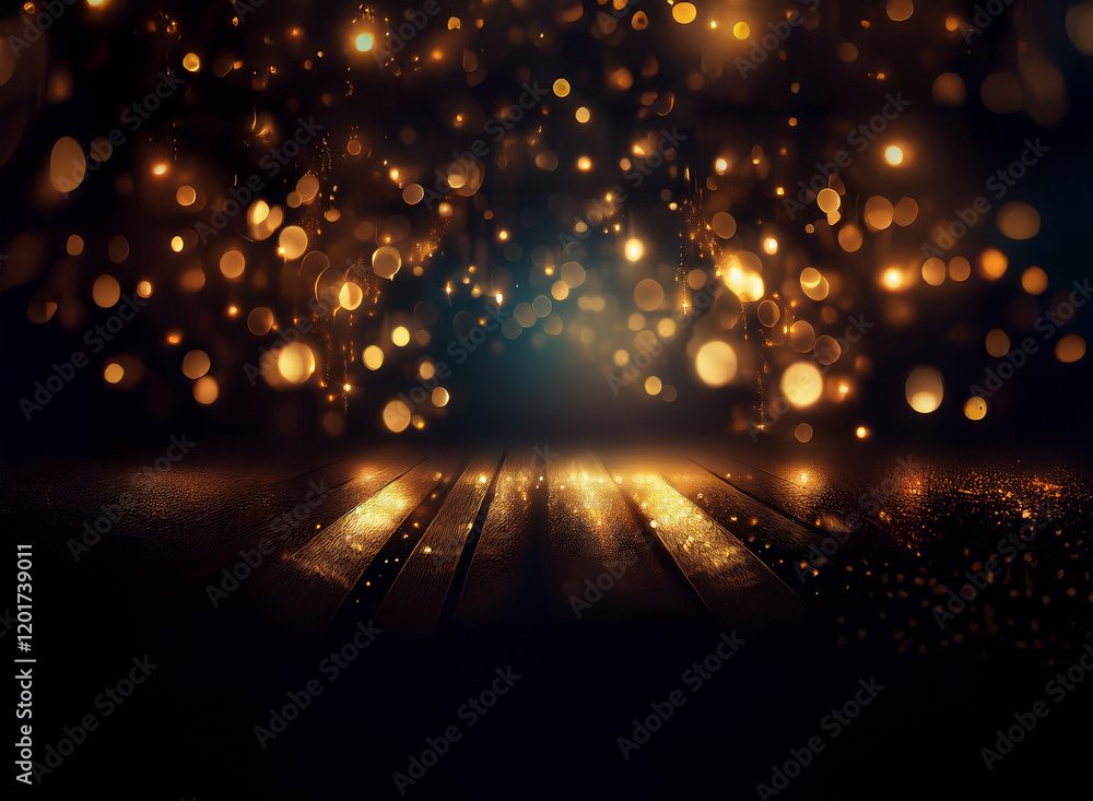 Poster abstract background of bokeh lights. golden sparkles and glows illuminate a dark, wood-like surface.