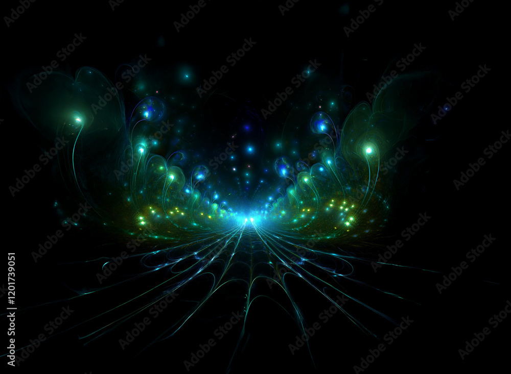 Aufkleber Abstract background image featuring a mesmerizing bokeh effect.  Glowing lights create a symmetrical, ethereal pathway leading into a dark, glittering expanse.