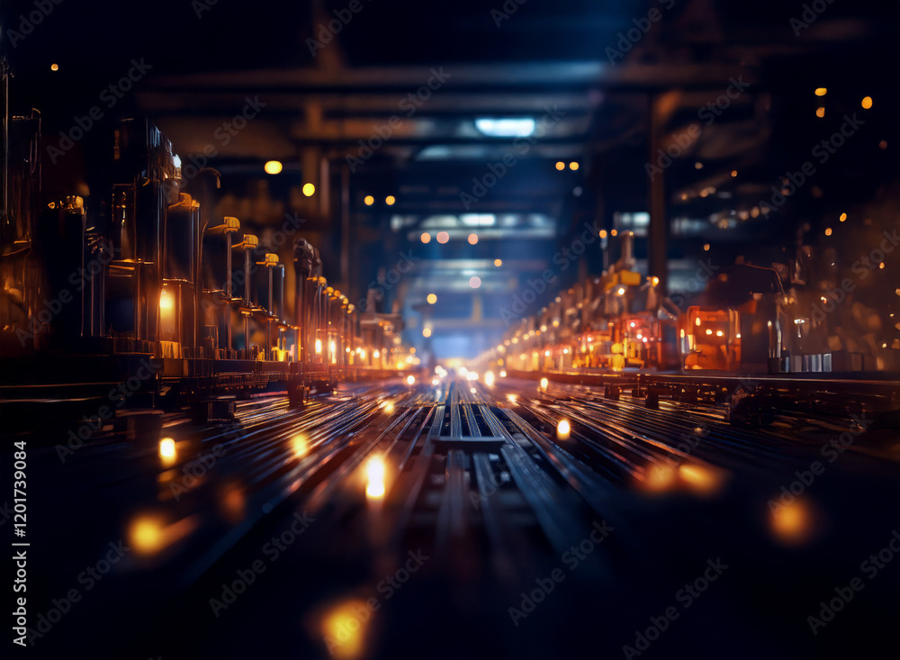 Poster abstract background image featuring a bokeh effect of warm lights illuminating a dark, industrial se